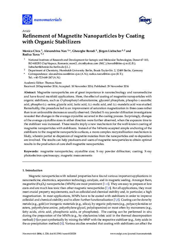 (PDF) Refinement of Magnetite Nanoparticles by Coating with Organic ...