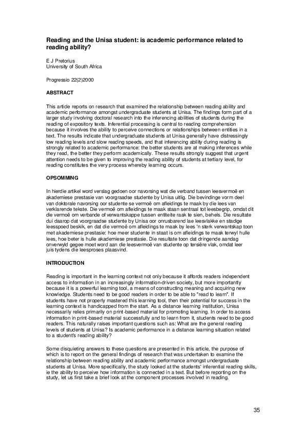 (PDF) Reading and the Unisa student : is academic performance related ...