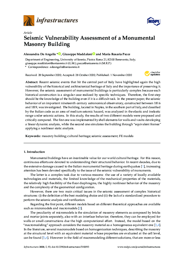 (PDF) Seismic Vulnerability Assessment of a Monumental Masonry Building