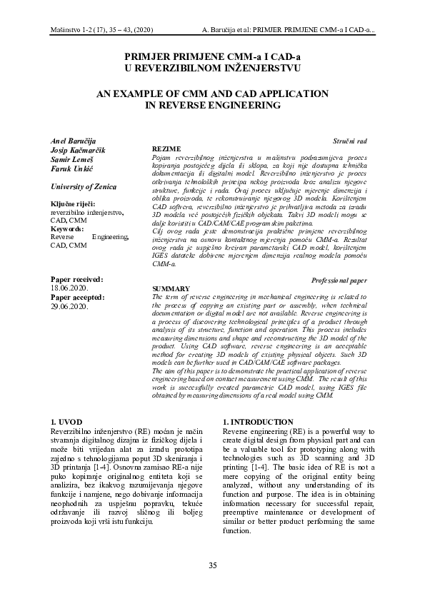 (PDF) An Example of CMM and CAD Application in Reverse Engineering