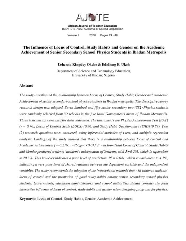 (PDF) The Influence of Locus of Control, Study Habits and Gender on the ...