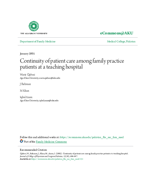 (PDF) Continuity of patient care among family practice patients at a ...
