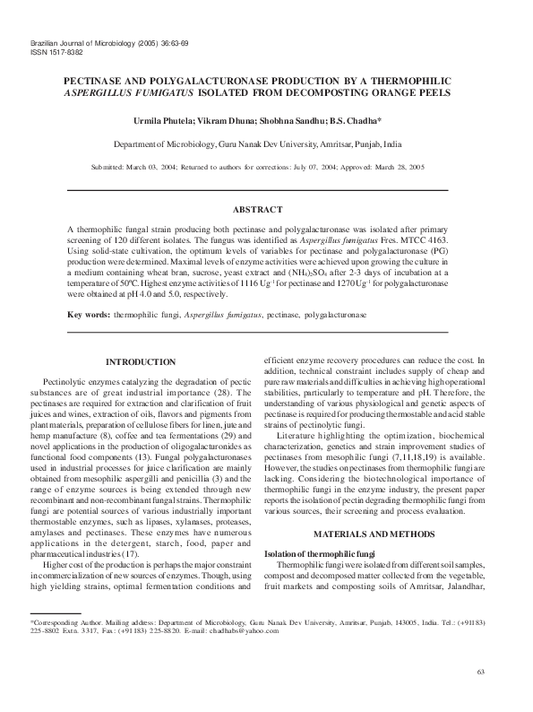 (PDF) Pectinase and polygalacturonase production by a thermophilic