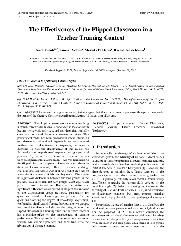 (PDF) The Effectiveness of the Flipped Classroom in a Teacher Training ...