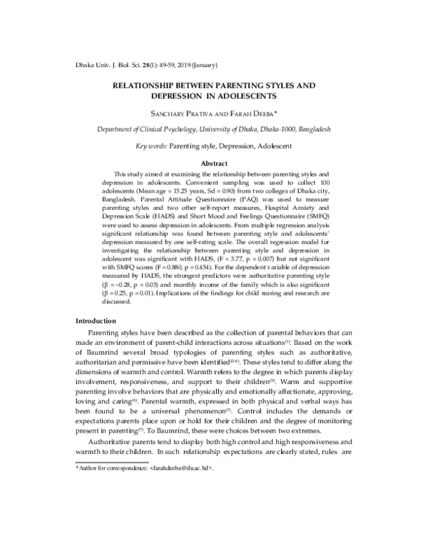 (PDF) Relationship between parenting styles and depression in adolescents