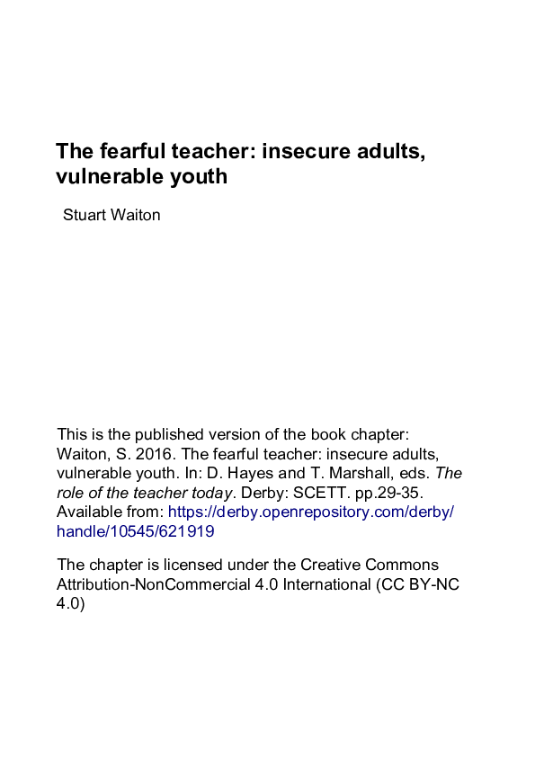 (PDF) The fearful teacher: insecure adults, vulnerable youth