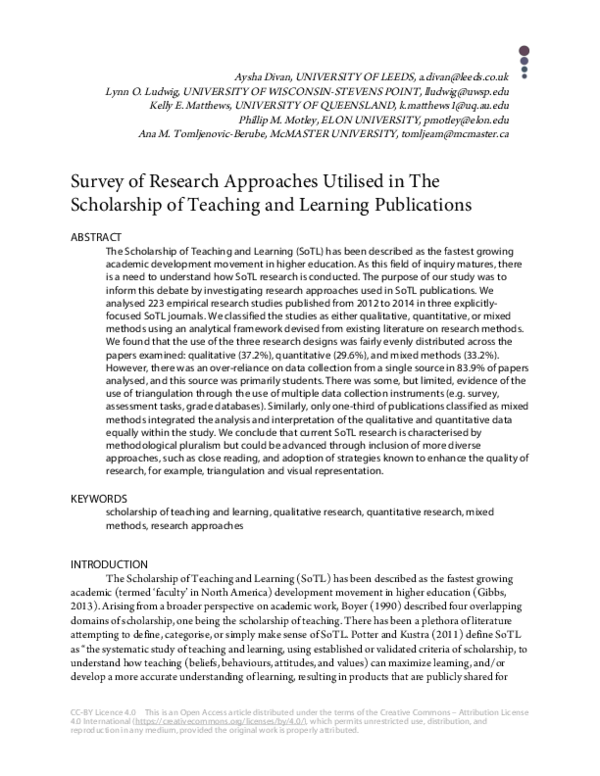 (PDF) Research Approaches in Scholarship of Teaching and Learning ...
