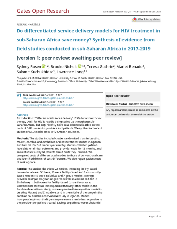 (PDF) Do differentiated service delivery models for HIV treatment in ...