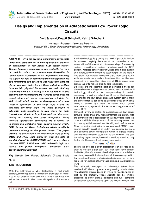 (PDF) Design and Implementation of Adiabatic based Low Power Logic Circuits