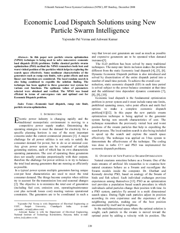(PDF) Economic Load Dispatch Solutions using New Particle Swarm ...