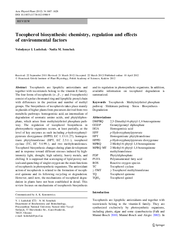 (PDF) Tocopherol biosynthesis: chemistry, regulation and effects of ...
