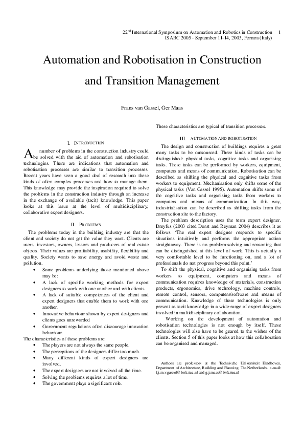 (PDF) Automation and Robotisation in Construction and Transition Management