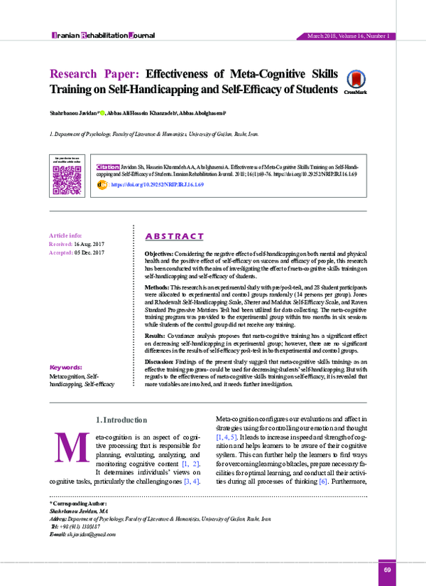 (PDF) Paper : Effectiveness of MetaCognitive Skills Training on Self ...