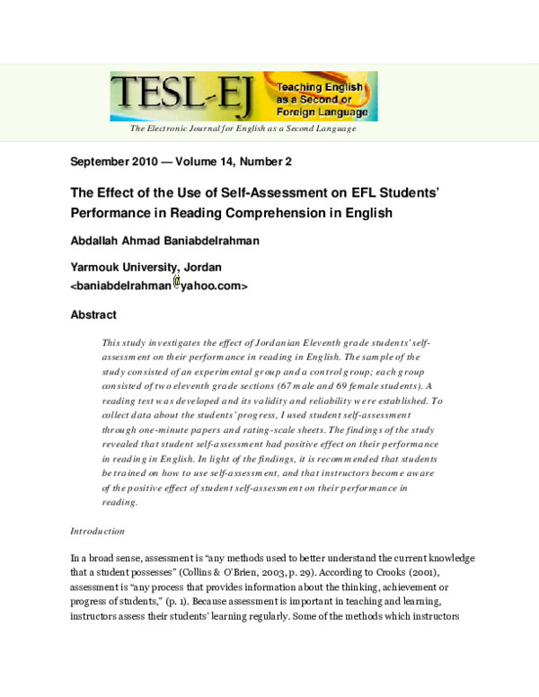 (PDF) The Effect of the Use of Self-Assessment on EFL Students ...