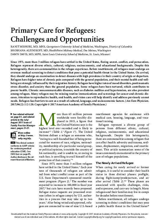 (PDF) Primary Care for Refugees: Challenges and Opportunities