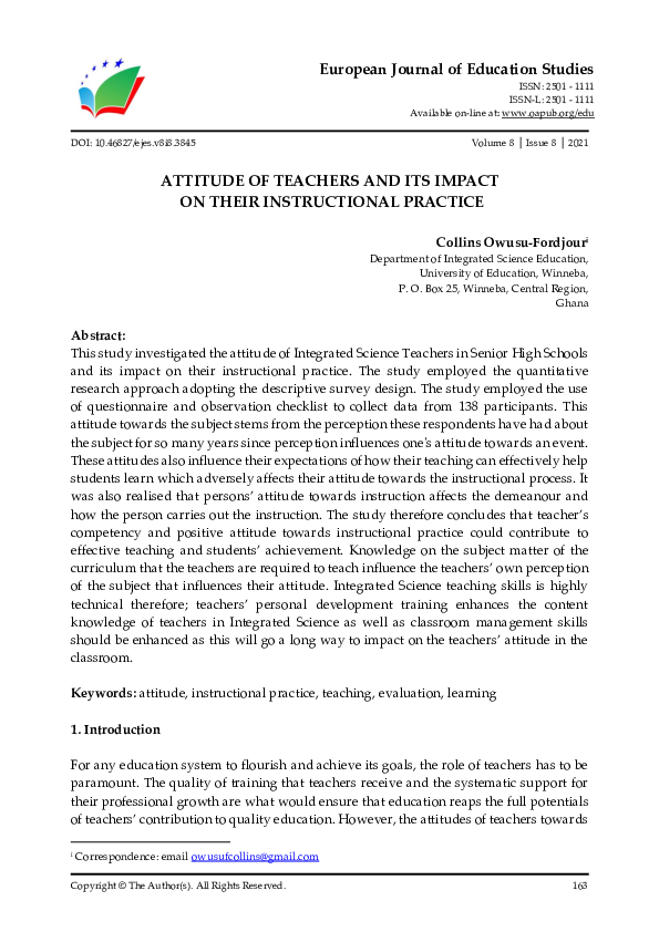 (PDF) Attitude of Teachers and Its Impact on Their Instructional Practice