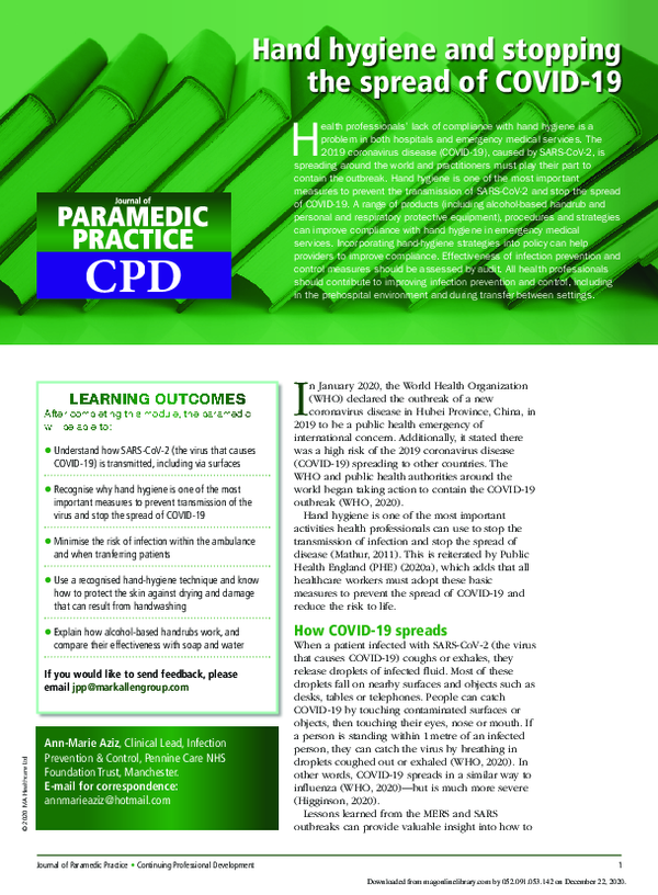 (PDF) Hand hygiene and stopping the spread of COVID-19