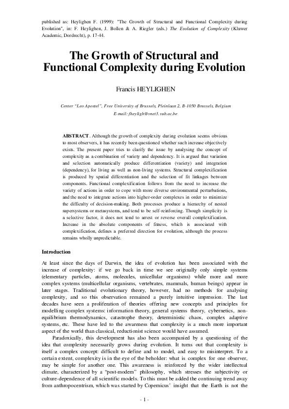 (PDF) The Growth of Structural and Functional Complexity during Evolution