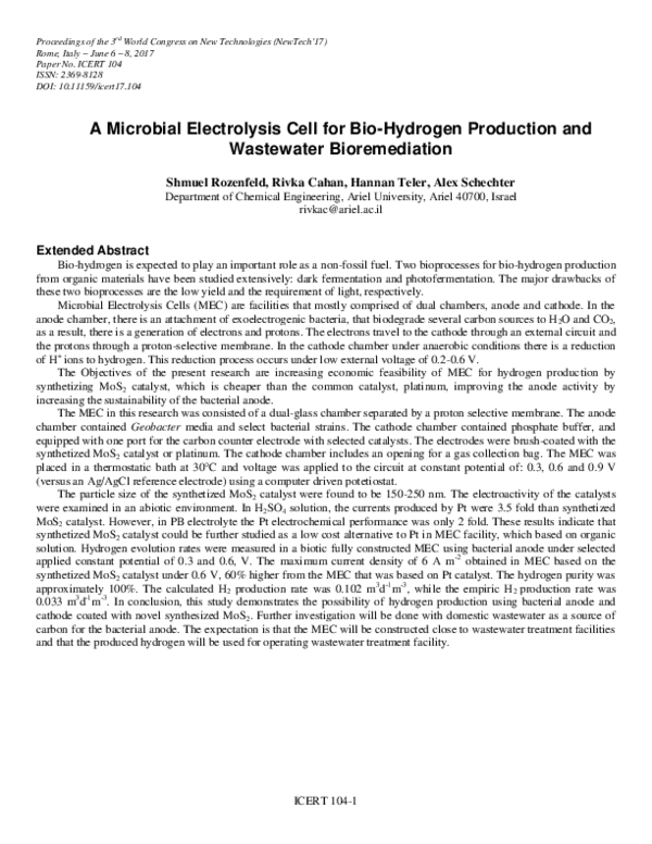 (PDF) A Microbial Electrolysis Cell for Bio-Hydrogen Production and ...