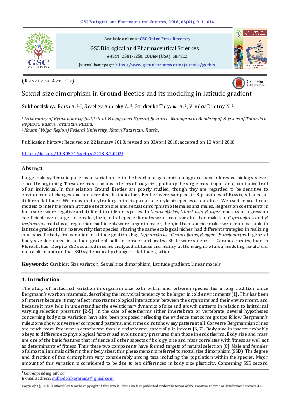 (PDF) Sexual size dimorphism in Ground Beetles and its modeling in ...