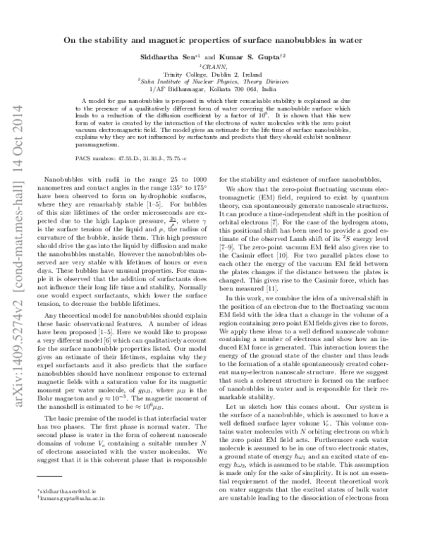 (PDF) On the stability and magnetic properties of surface nanobubbles ...