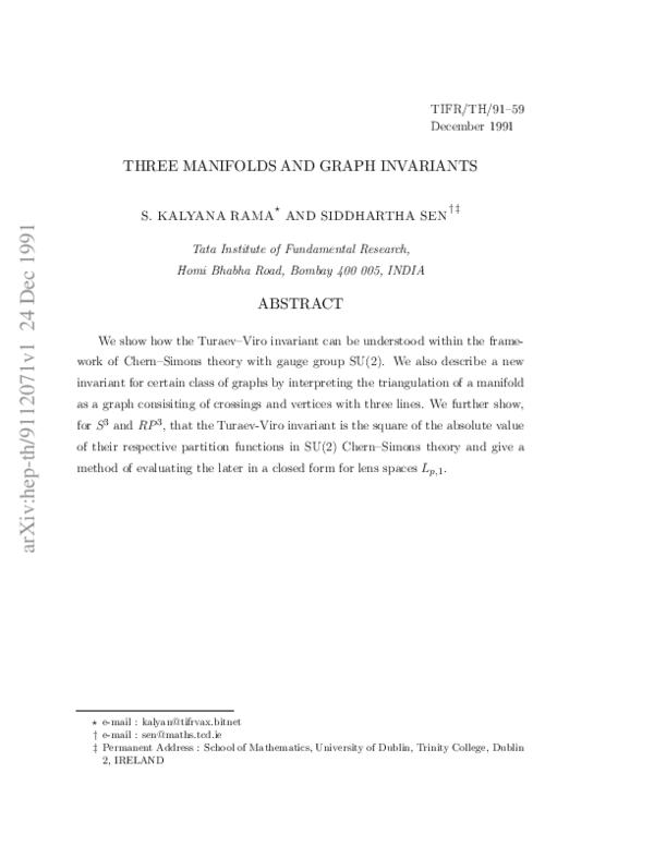 (PDF) Three manifolds and graph invariants