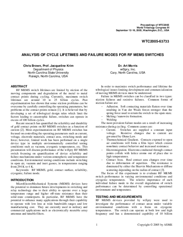 (PDF) Analysis of Cycle Lifetimes and Failure Modes for RF MEMS Switches
