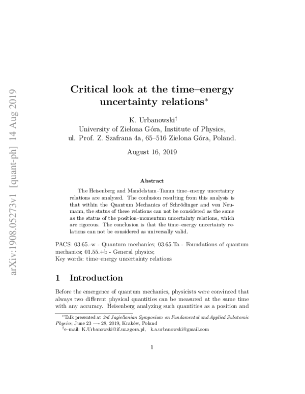 (PDF) Critical Look at the Time--Energy Uncertainty Relations