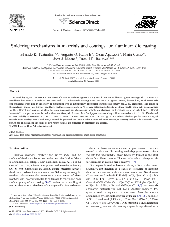 (PDF) Soldering mechanisms in materials and coatings for aluminum die