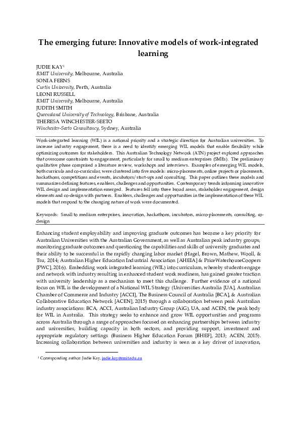 (PDF) The Emerging Future: Innovative Models of Work-Integrated Learning