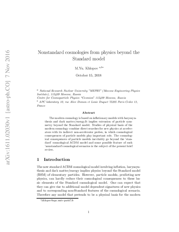 (PDF) Nonstandard cosmologies from physics beyond the Standard model