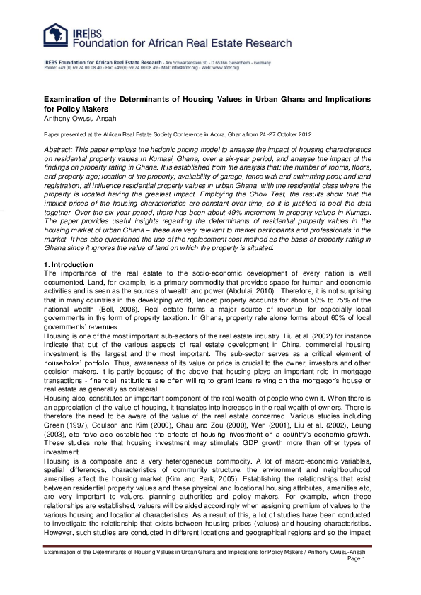 (PDF) Examination of the Determinants of Housing Values in Urban Ghana ...