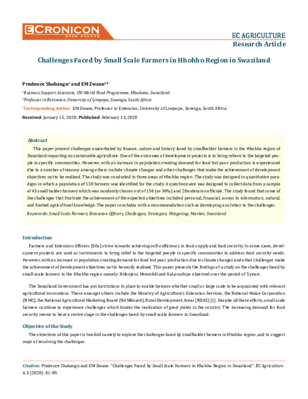 (PDF) Challenges Faced by Small Scale Farmers in Hhohho Region in Swaziland