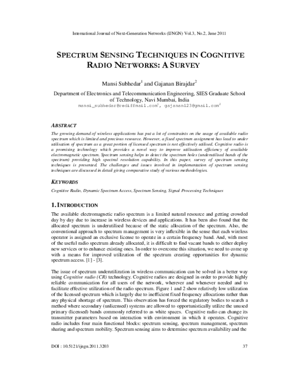 (PDF) Spectrum Sensing Techniques in Cognitive Radio