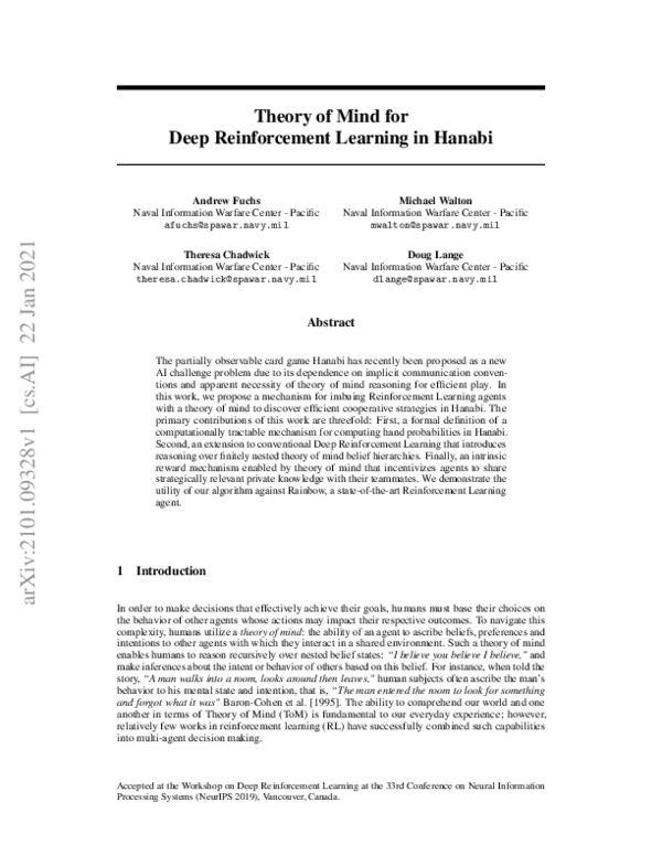 (PDF) Theory of Mind for Deep Reinforcement Learning in Hanabi