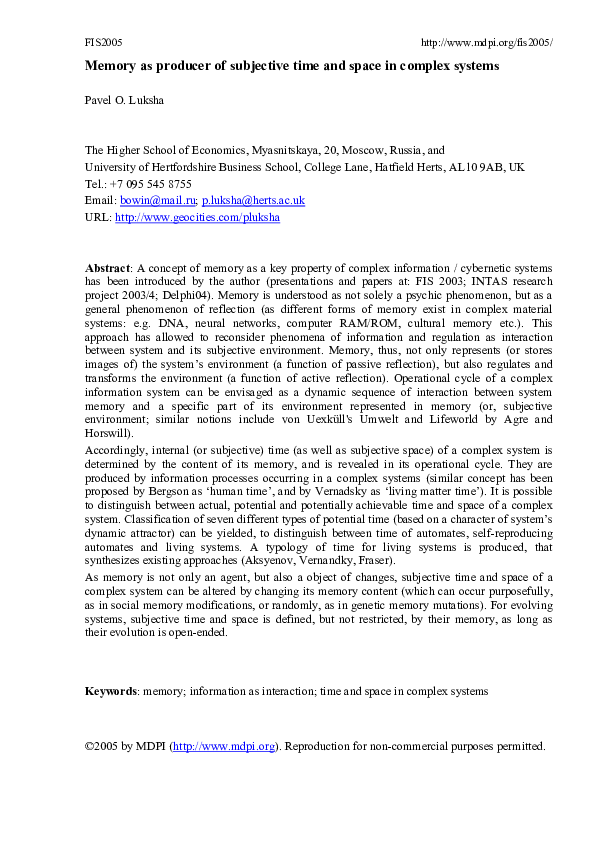 (PDF) Memory as producer of subjective time and space in complex systems