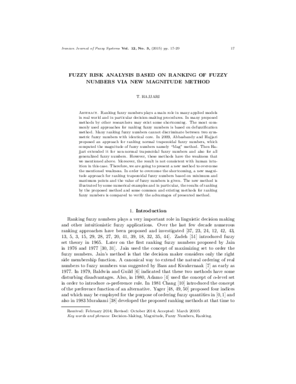 (PDF) Fuzzy Risk Analysis Based on Ranking of Fuzzy Numbers Via New ...