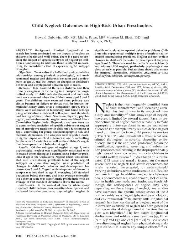 (PDF) Child neglect: Outcomes in high-risk urban preschoolers