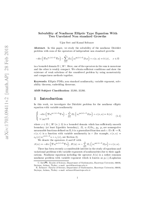(PDF) Solvability of Nonlinear Elliptic Type Equation With Two ...