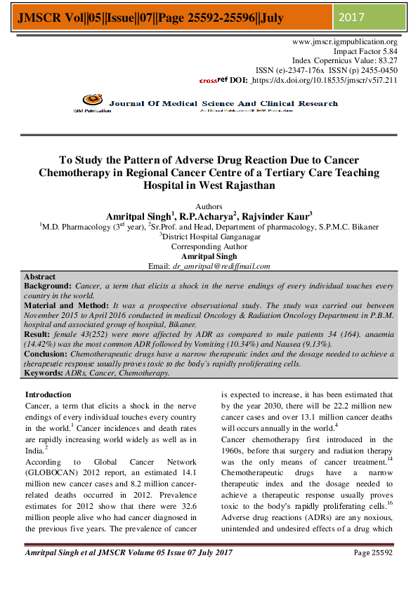 (PDF) To Study the Pattern of Adverse Drug Reaction Due to Cancer ...