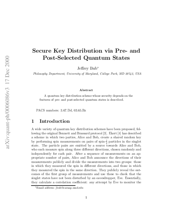 (PDF) Secure key distribution via pre- and postselected quantum states