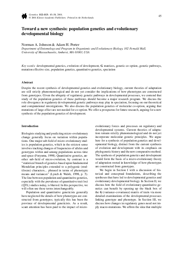 (PDF) Toward a new synthesis: population genetics and evolutionary ...