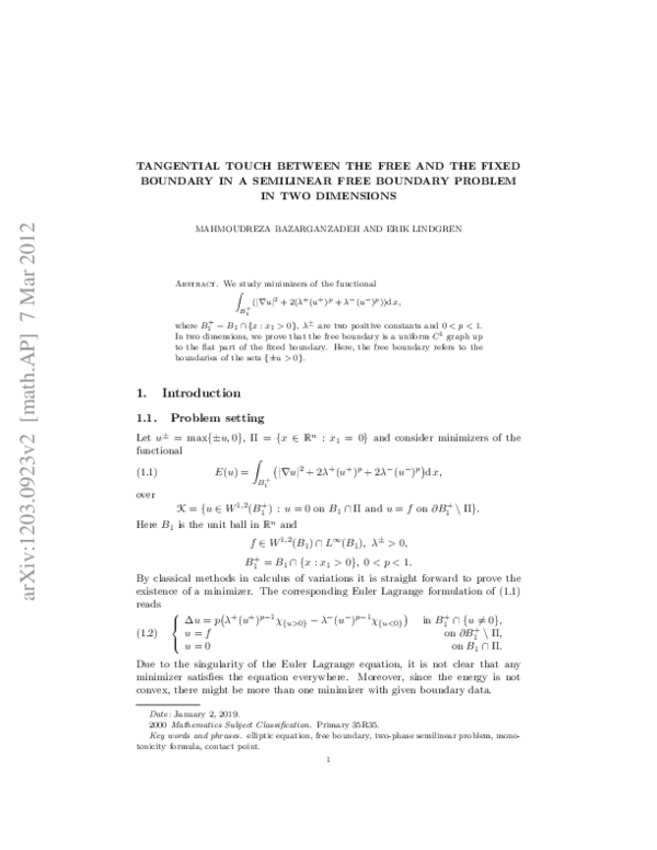 (PDF) Tangential Touch between the Free and the Fixed Boundary in a ...