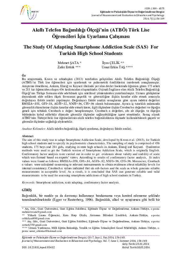 (PDF) Study Of Adapting Smartphone Addiction Scale ( SAS ) For Turkish ...