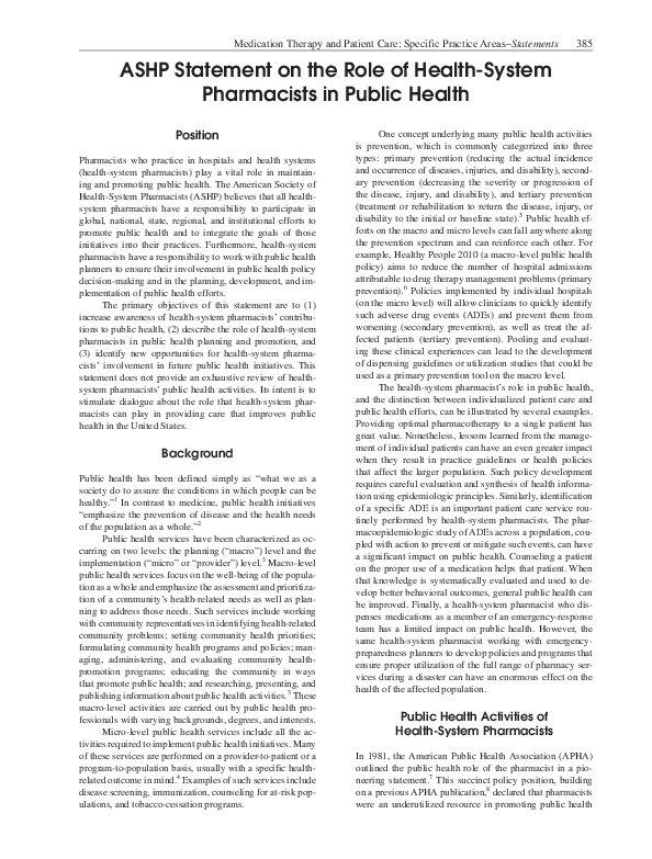 (PDF) ASHP Statement on the Role of Health-System Pharmacists in Public ...