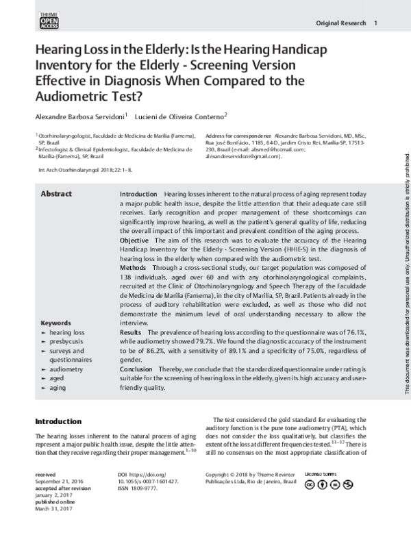  PDF Hearing Loss In The Elderly Is The Hearing Handicap Inventory 