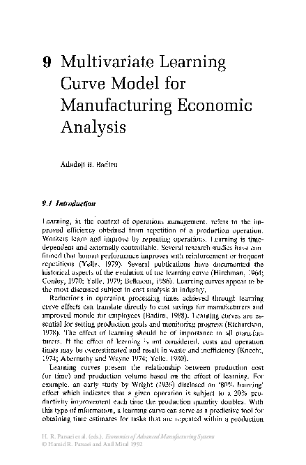 (PDF) Multivariate Learning Curve Model for Manufacturing Economic Analysis