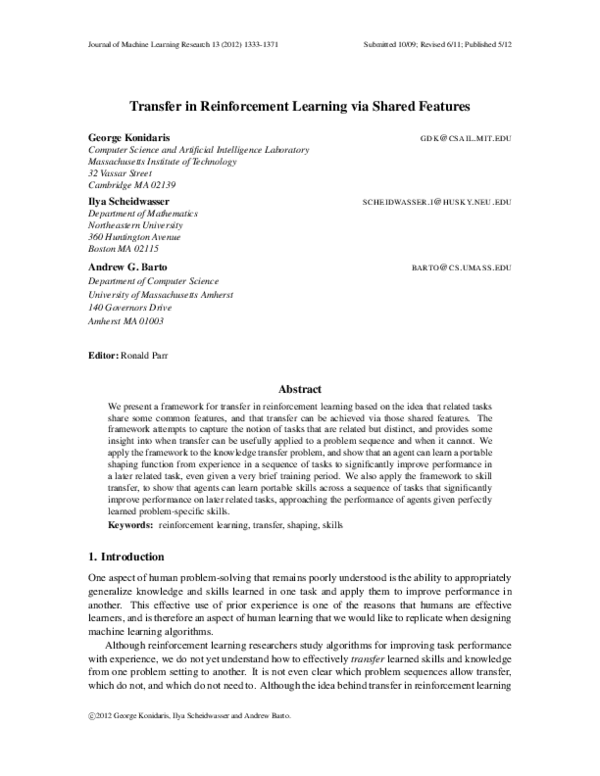 (PDF) Transfer in Reinforcement Learning via Shared Features
