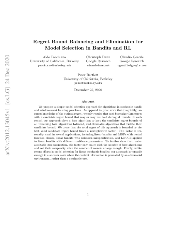 (PDF) Regret Bound Balancing and Elimination for Model Selection in ...