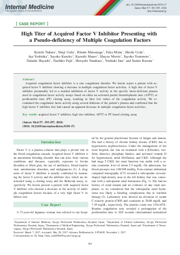 (PDF) High Titer of Acquired Factor V Inhibitor Presenting with a ...